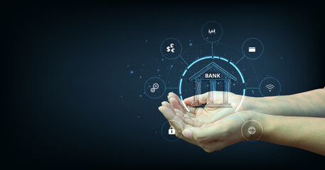 Leinwandbilder - Online banking technology concept.Isometric illustration of the bank on dark blue background. Digital connect system. Financial technology concept.Vector illustration.EPS 10.