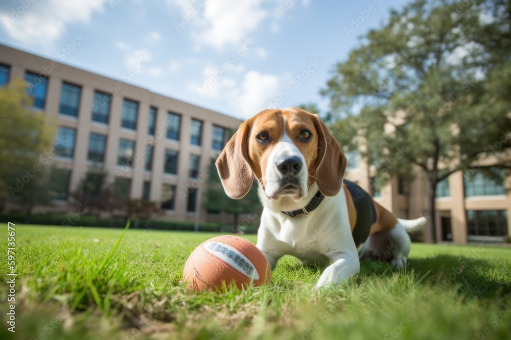 Group portrait photography of an aggressive beagle playing with a ball against college and university campuses background. With generative AI technology
