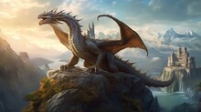 Colossal, Ancient Dragon Perches On A Mountaintop, With A Vast, Sprawling Fantasy World Visible In The Background, Emphasizing The Creature's Majesty And Power, Rendered In A Detailed
