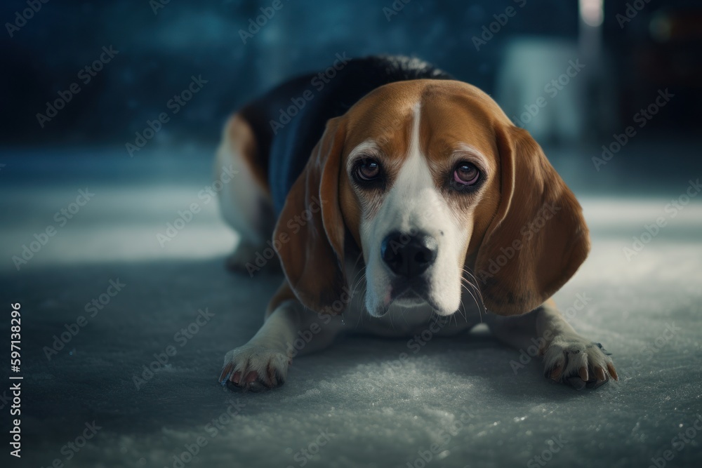 Medium shot portrait photography of an aggressive beagle lying down against ice skating rinks background. With generative AI technology