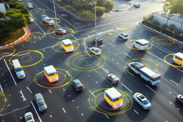 Smart car, Autonomous self-driving mode vehicle in city road concept with graphic sensor radar signal system and internet connect. 5G Generative AI.