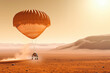 First landing on Mars. Astronauts on a first one way mission to Mars. Capsule landing to surface with parachute. Generative AI.