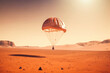 First landing on Mars. Astronauts on a first one way mission to Mars. Capsule landing to surface with parachute. Generative AI.