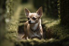 Lifestyle Portrait Photography Of A Curious Chihuahua Playing Fetch Against Outdoor Mazes Background. With Generative AI Technology