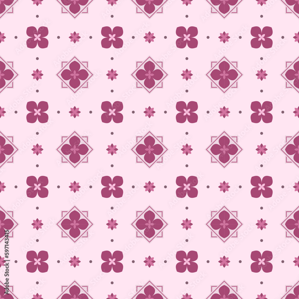 In this seamless pattern, an orderly arrangement various sizes of flower graphics is arranged. Add circles dots on a background that is in the same tone as the flower.