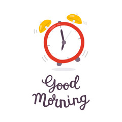 A cartoon vector red alarm clock with the words good morning 