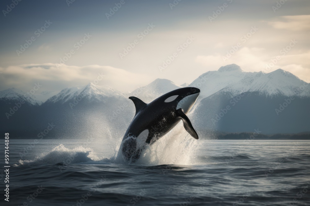Epic Moment Of An Orca Whale Breaching The Surface Of The Ocean 