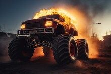 Fire-jumping Monster Truck. Generative AI
