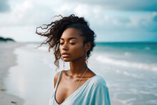 Close Up Portrait Of Beautiful Black Woman Standing On The Beach, Generative Ai
