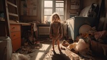 Crying Sad Girl In Dirty Cluttered Apartment, Child From Dysfunctional Family With Child Abuse And Neglect, Abandoned Girl Raised In Dysfunctional Family Dressed In Untidy Clothes, Generative AI