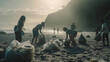 Volunteers picking up trash on the beach. Ecology concept. Ai generative