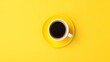 Top view of a white coffee cup on a yellow saucer and yellow background. Generative AI