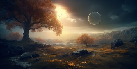Wall Mural - alien planet earth, hyperion-inspired desktop wallpaper with cinematic lighting and unreal engine 5 