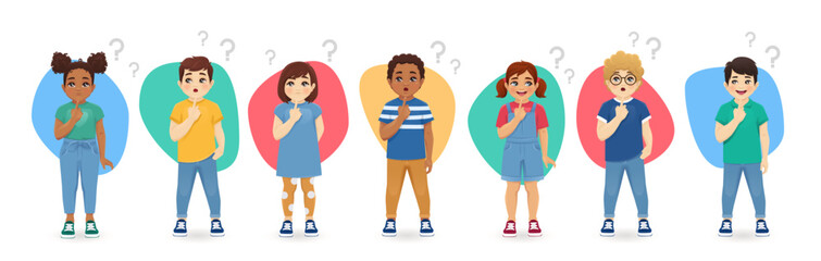 Cute little kids boys and girls thinking with question marks set isolated vector illustration