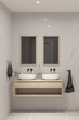 © gizemg - 3D render of modern bathroom design with two sinks and white tiles.