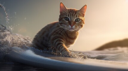 Wall Mural - A cat in a boat with the sun setting behind it, generative AI