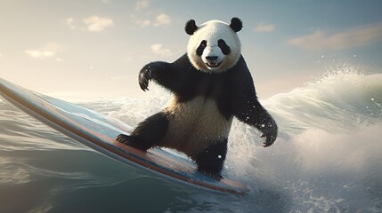 Wall Mural - A panda is surfing on a surfboard in the ocean, generative AI