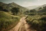 Fototapeta  - Lovely scenery of lush hills and a dusty trail. Generative AI