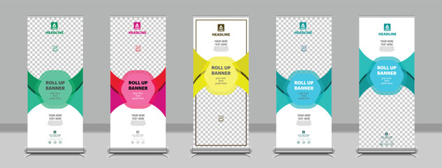 Wall Mural - Business Roll-Up Banner. roll up design, standee, and banner template decoration for exhibition, printing, presentation, and brochure flyer concept vector illustration set.