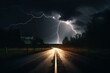 Powerful lightning illuminating dark road at night 3D depiction. Generative AI