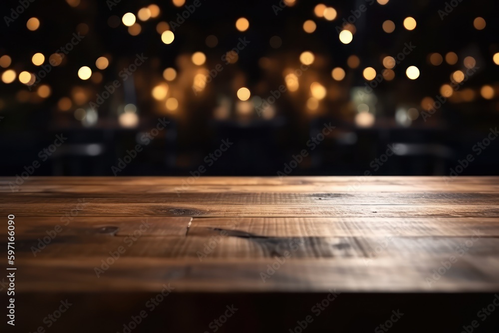 Empty wooden table surface closeup, blur cafe bar restaurant interior ...