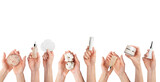 Fototapeta  - Female caucasian hands hold beauty skin care products on transparent background