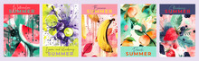 Juicy And Bright Summer Posters, Banners, Covers, Or Labels With Fruits Painted In Watercolor With Blots And Splashes Of Paint. Illustration Of Watermelon, Bananas, Lemon, Strawberries, Peaches.