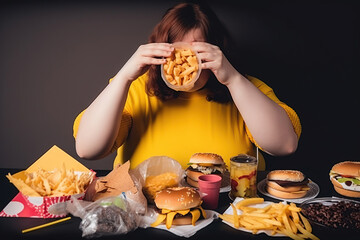 Fat woman eating unhealthy food, generative ai.