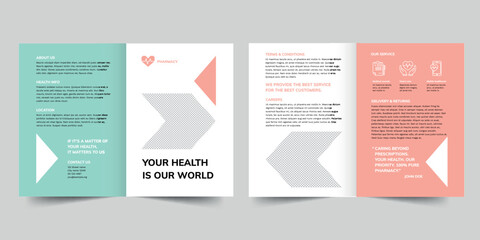 Wall Mural - Pharmacy bifold brochure template. A clean, modern, and high-quality design bifold brochure vector design. Editable and customize template brochure