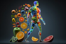 Fruits And Vegetables Forming A Human Body, Metabolism, Nutrition, Eating Diet, Fitness, Health, Vitamins, Digestion, Supplements, Health Care, Healthy Lifestyle, Healthy Food. Generative AI