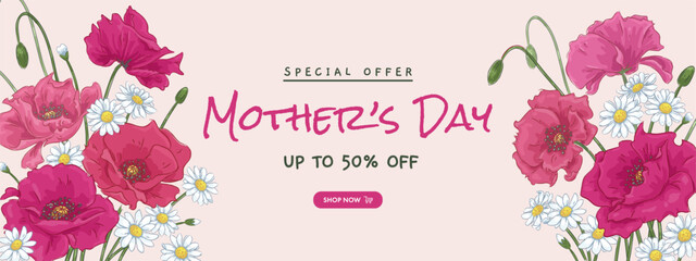 Wall Mural - Mother's day horizontal sale poster or banner with hand drawn pink poppies and daises on pink background. Vector illustration