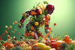 Fruits and vegetables forming a human body, metabolism, nutrition, eating diet, fitness, health, vitamins, digestion, supplements, health care, healthy lifestyle, healthy food. Generative AI