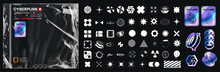 Vector Graphic Assets Set. Sticker In Y2k Style, Retro Futuristic Graphic Ornaments In Isolated Black Background. Aesthetic Abstract Y2K Vector Shapes. Polyethylene Packaging For CD Cover. Vector