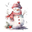 Watercolor Christmas card with cute snowman in scarf and hat isolated on white. 