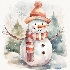 Wall Mural - Watercolor Christmas card with snowman in scarf and hat. 