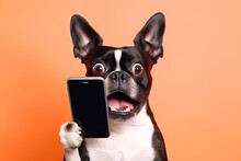 Shocked Dog With Glasses Using Phone By Ai Generative