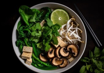 Wall Mural - vegetarian pho bowl with tofu, mushrooms, and bok choy