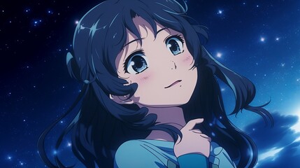 Wall Mural - Very cute stargazing girl, Photorealistic anime, amazing blue color scheme, Swirly shapes, highly detailed, UHD, girl in the night, girl in the moonlight, wallpaper, Generative AI 