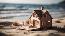 Miniature Model Of A Wooden House On The Coast The Concept. Wooden Toy House On The Sand. Concept For Building Your Own House. Generative AI
