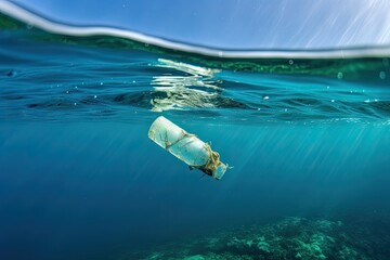 Canvas Print - plastic bottle floating in the ocean, with its contents spilling out into the water, created with generative ai