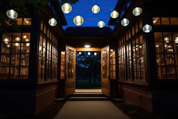 Canvas Print - library, with view of a starry night sky, and lanterns illuminating the entrance, created with generative ai