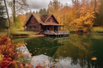 Sticker - cozy cabin retreat with view of tranquil lake, surrounded by beautiful nature, created with generative ai