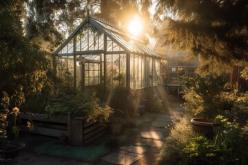 Poster - a greenhouse, surrounded by a tranquil garden, with the sun shining through, created with generative ai