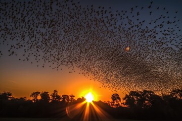 Canvas Print - butterfly migration, with a view of the sun setting over the horizon, created with generative ai