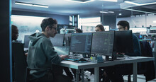 Team Of Diverse Multiethnic Software Developers Working On Computers, Programming Advanced Code, Managing Artificial Intelligence Projects Online For Innovative Cyber Security Service