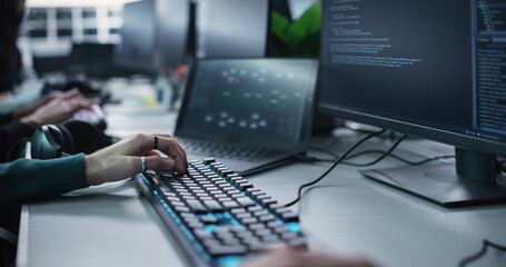 Poster - Close Up of a Software Developer Working on a Desktop Computer, Implementing New Features and Updates to a Company Server. Stylish Specialist Wearing Rings and Bracelet, Typing on Keyboard