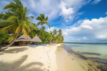 Canvas Print - exotic destination, with view of a beach, surrounded by palm trees, created with generative ai