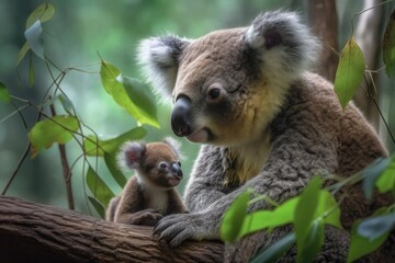 Poster - heartwarming moment between mother and baby koala, with the tranquility of the forest in the background, created with generative ai