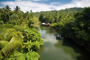 Wall Mural - exotic destination, with view of a lush rainforest and tranquil river, created with generative ai