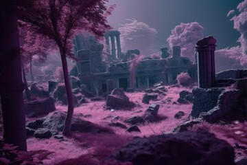 Wall Mural - magical dark purple forest with ruins of ancient civilization, created with generative ai